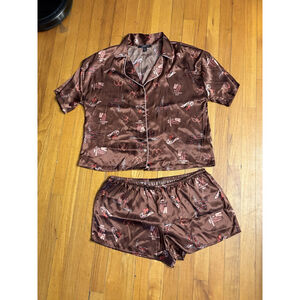 Midnight Bakery Women’s Brown Satin Sleep Set Cami&Short NWT Western Cowgirl Lg